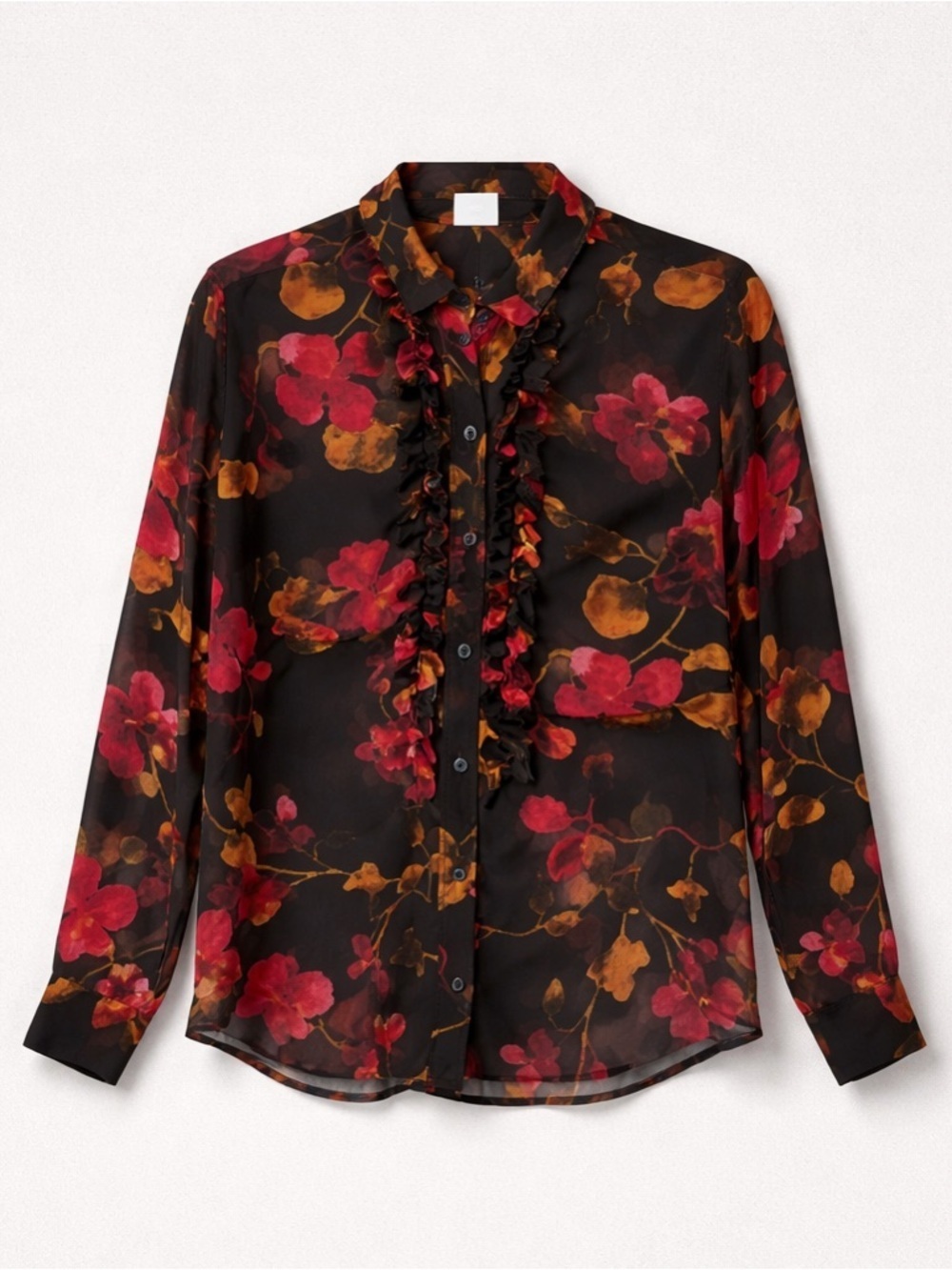 Gabi Sheer Floral Blouse Black Red Gold Ruffle Button Down Top Y2K Fall - Picture 2 of 15